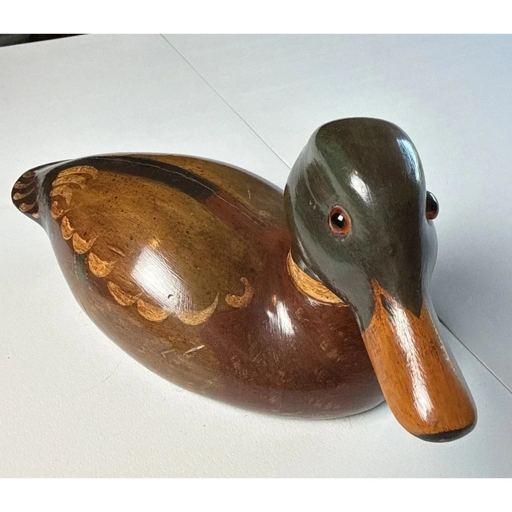 Vintage Hand Carved Painted Mallard Duck Decoy Wood Glass Eyes Folk Art Decor